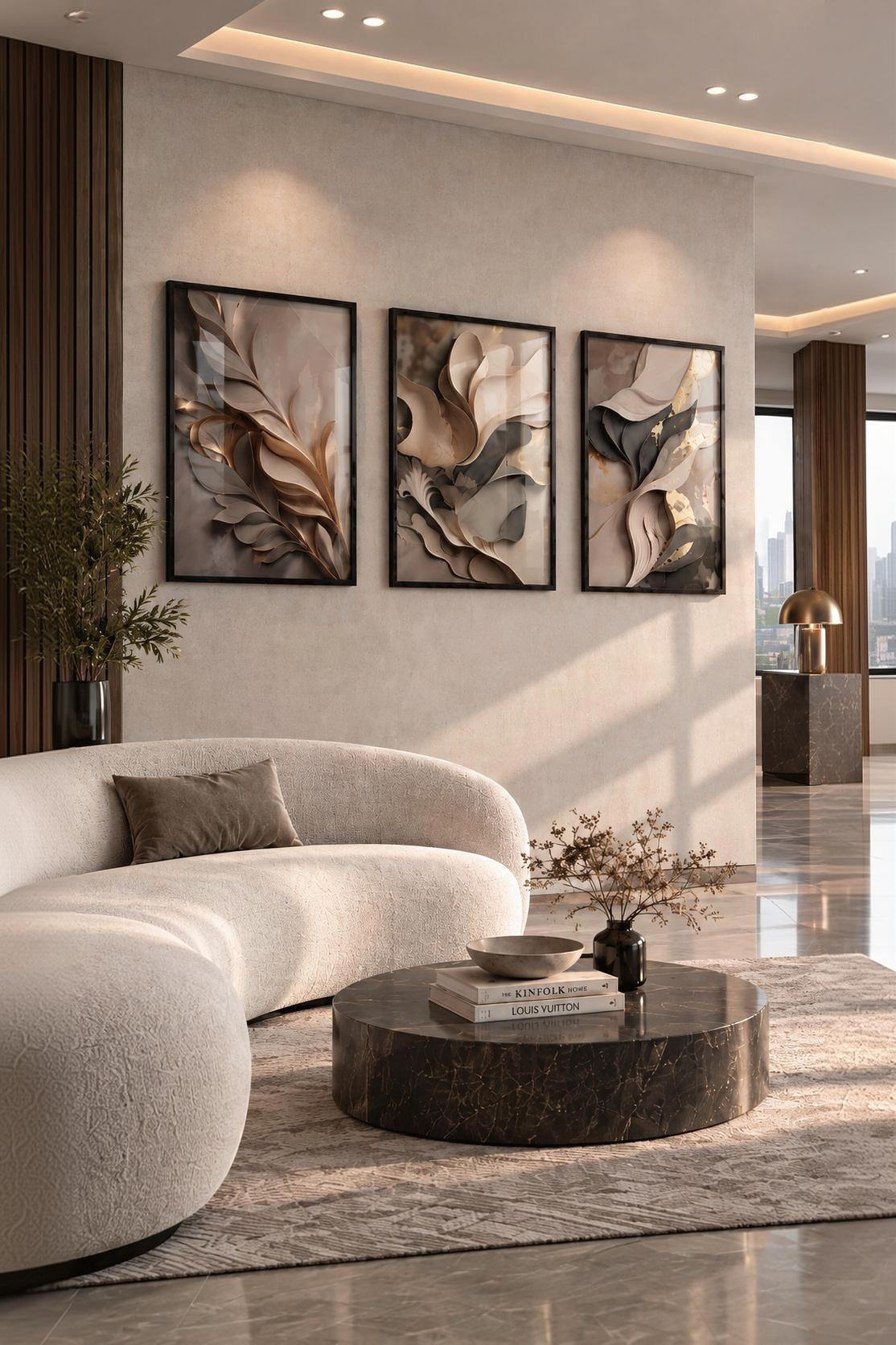 3'lü Çerçeveli Tablo Seti - Modern Soyut Altın ve Bej Botanik Yapraklar