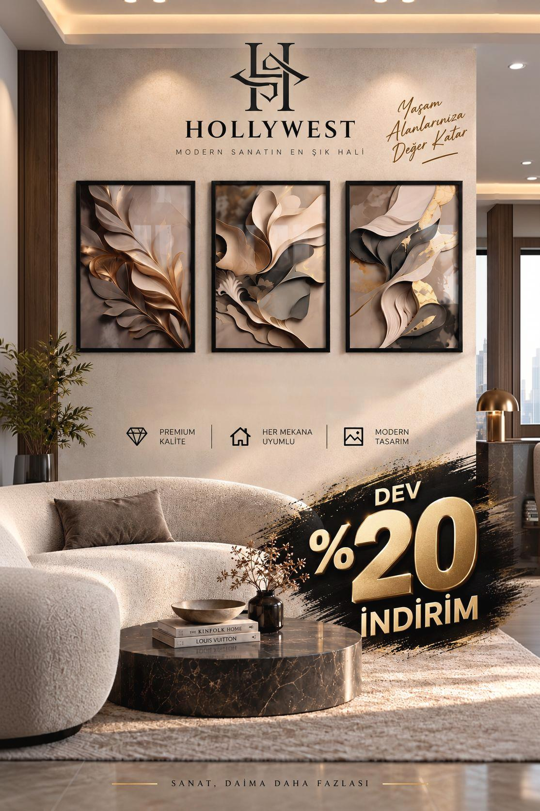 3'lü Çerçeveli Tablo Seti - Modern Soyut Altın ve Bej Botanik Yapraklar