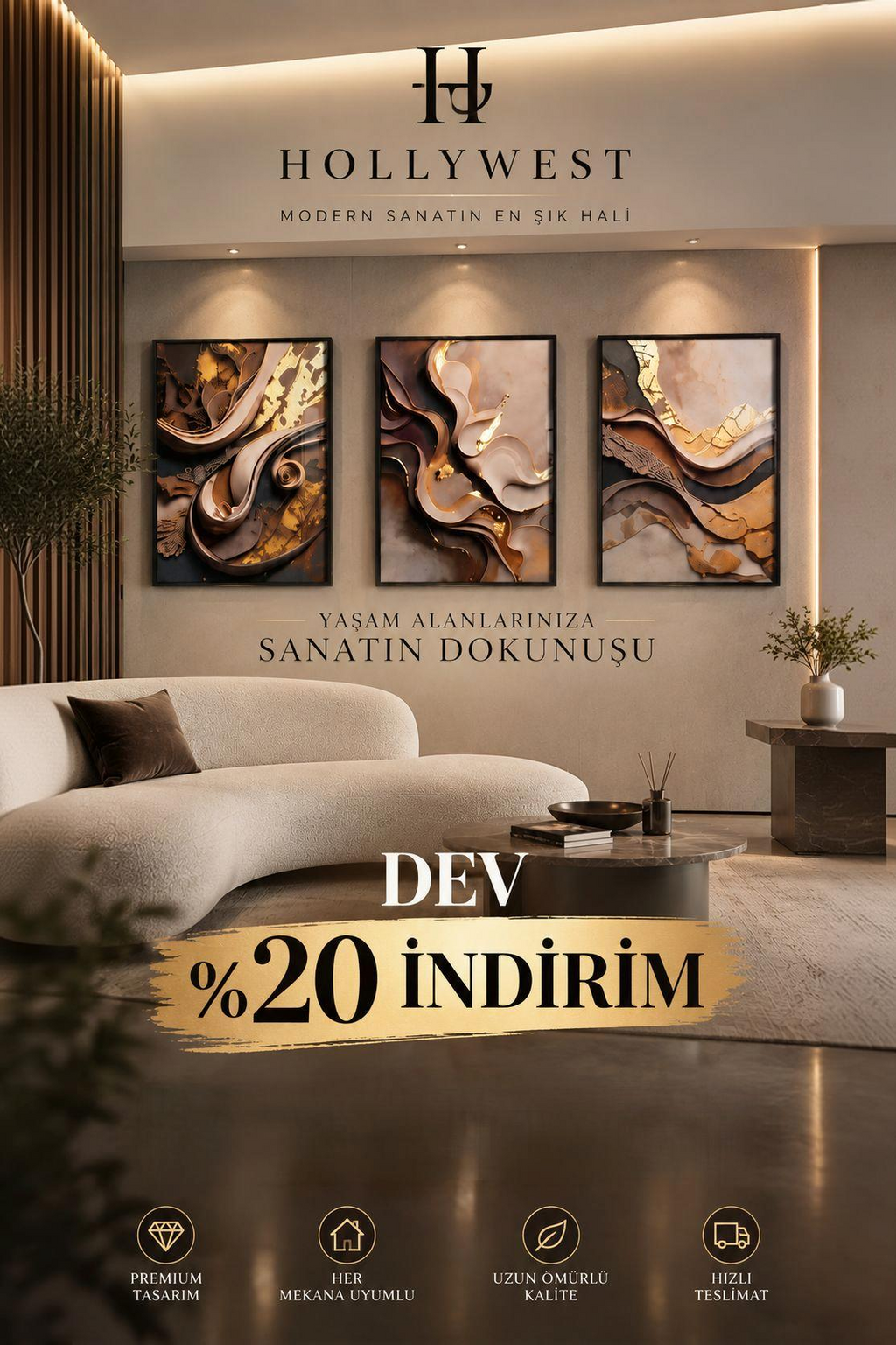 3'lü Çerçeveli Tablo Seti - Lüks Soyut Altın ve Kahverengi Akışkan Formlar