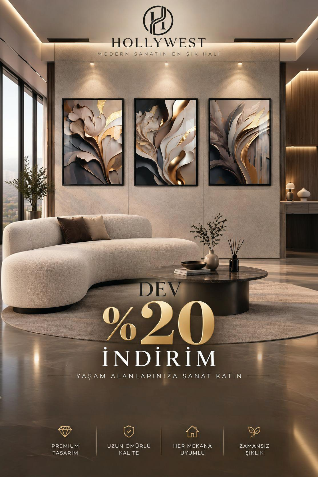 3'lü Çerçeveli Tablo Seti - Lüks Soyut Botanik Yapraklar, Koyu Gri ve Gold
