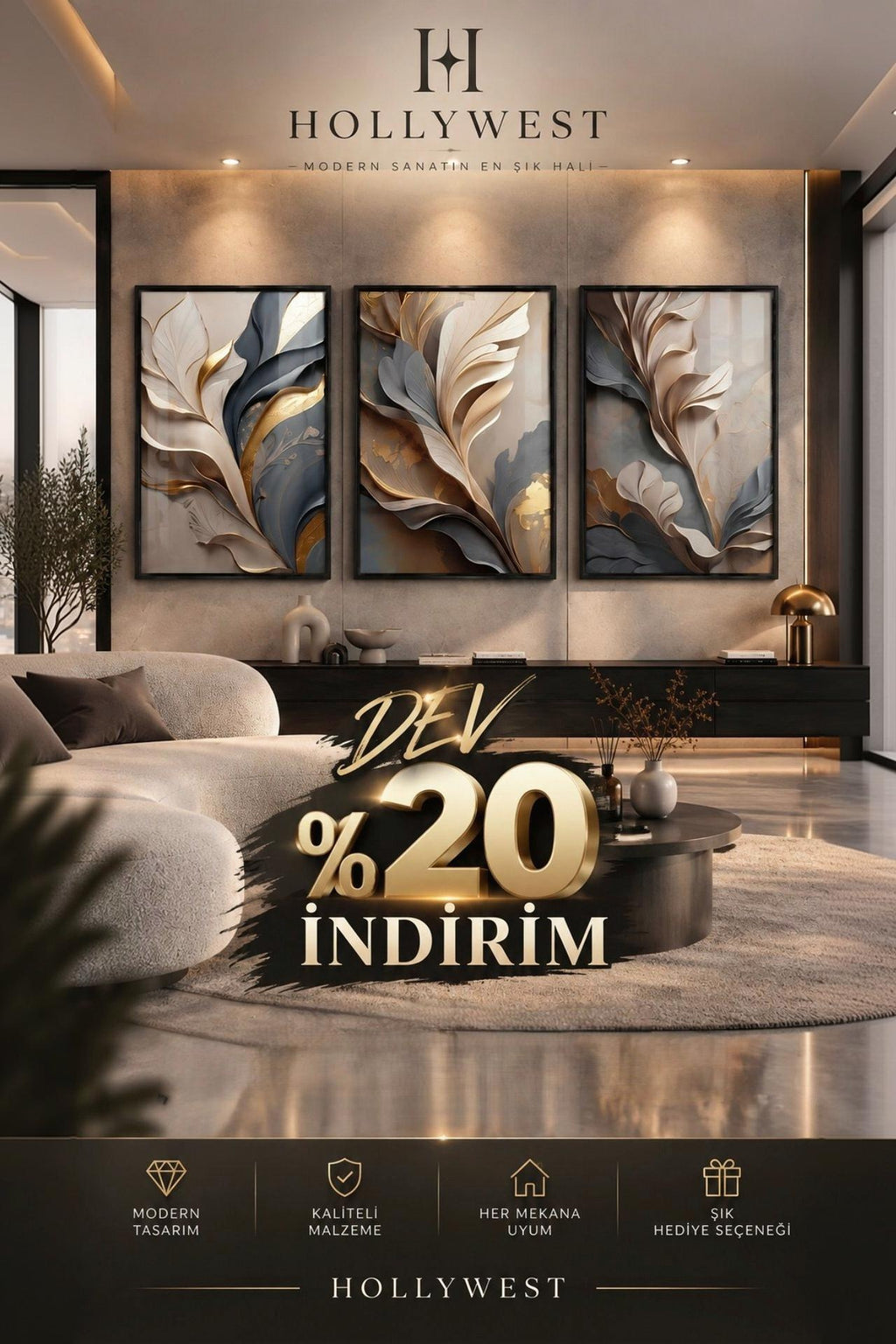 3'lü Çerçeveli Tablo Seti - Mavi, Altın ve Krem Tonlarında Soyut Botanik Yapraklar