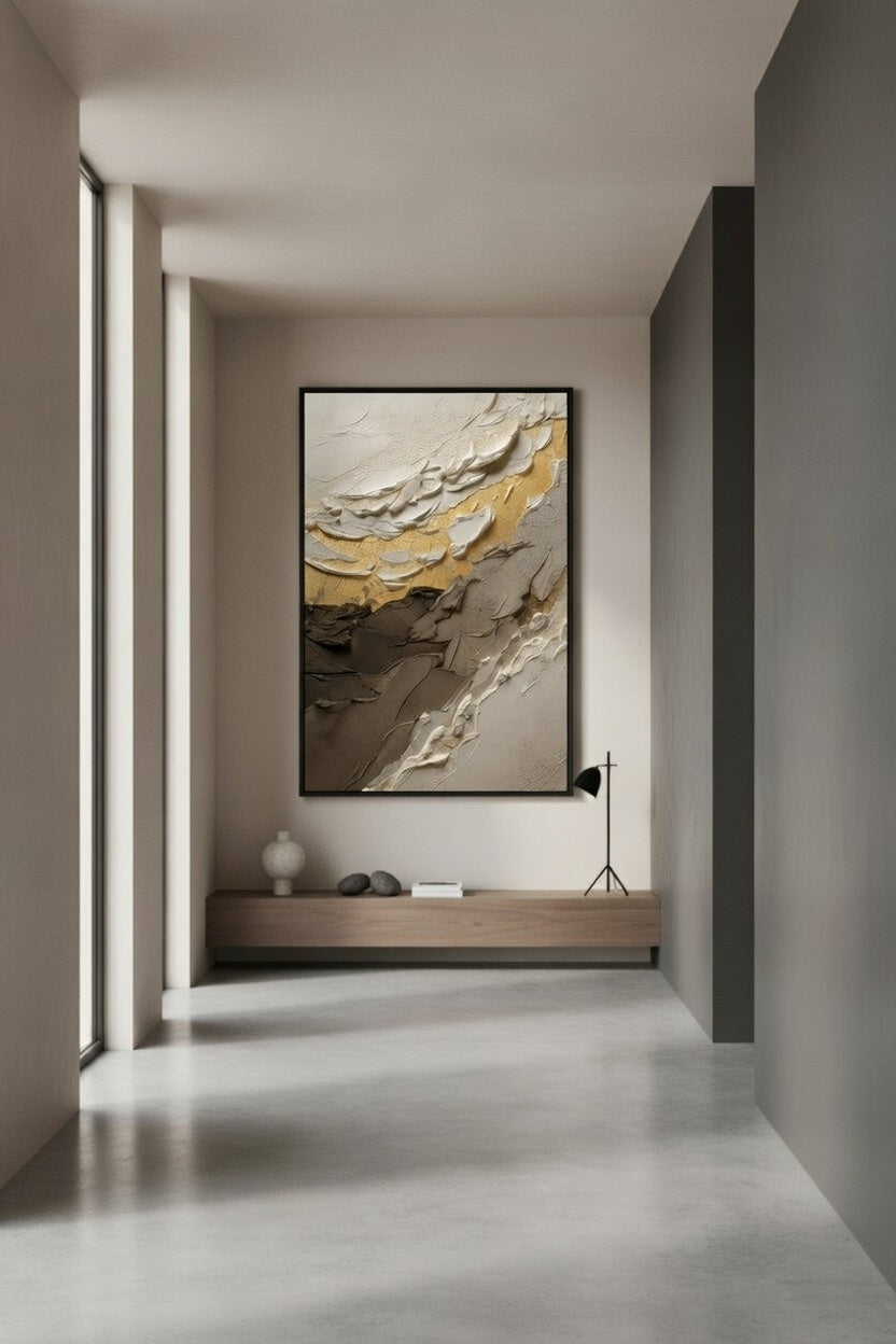 Lüks Soyut Gold Vurgulu Duvar Sanatı | Kahve & Krem Modern Çerçeveli Tablo