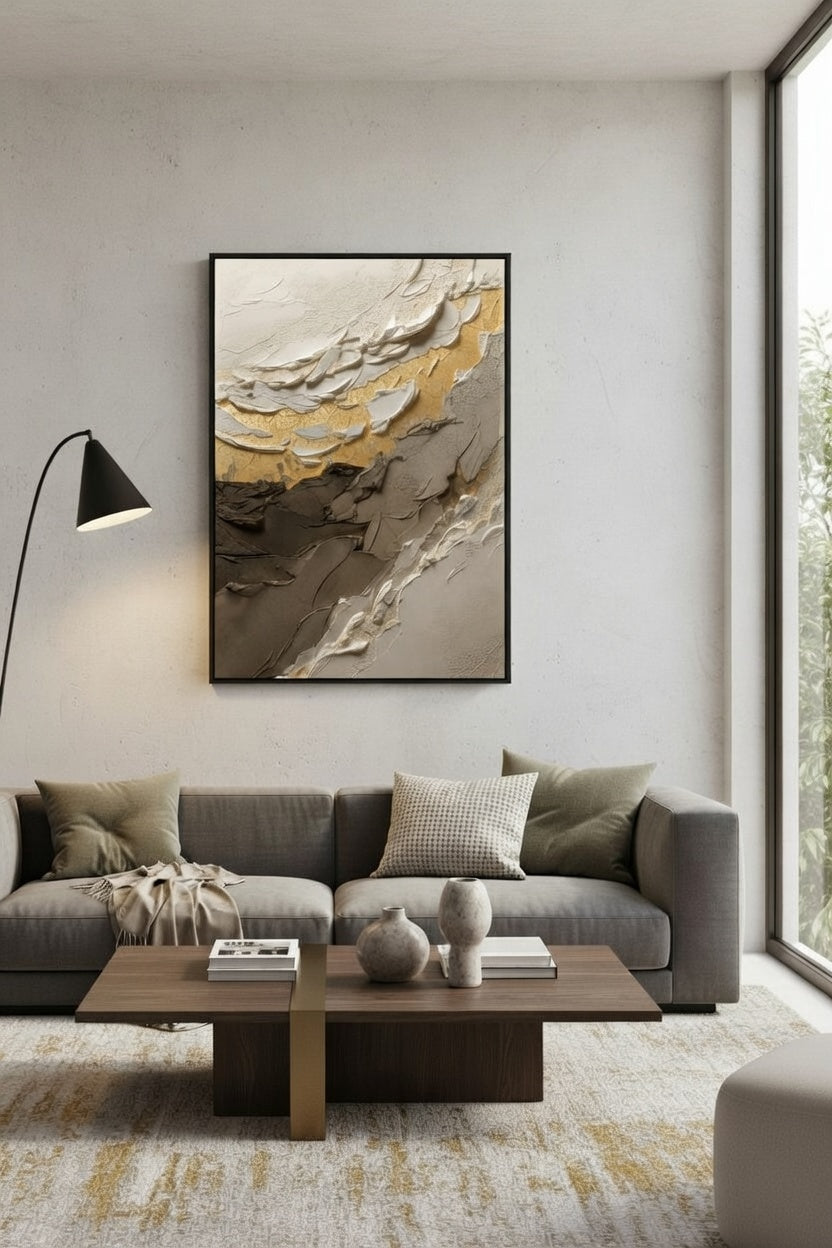 Lüks Soyut Gold Vurgulu Duvar Sanatı | Kahve & Krem Modern Çerçeveli Tablo