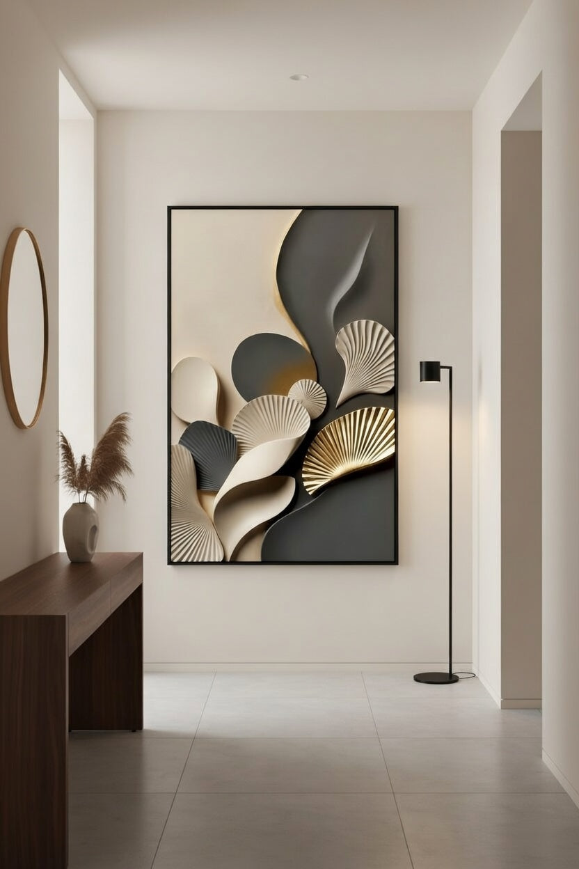 Lüks Gold Detaylı Kıvrımlı Formlara Sahip Duvar Sanatı | Modern Çerçeveli Tablo