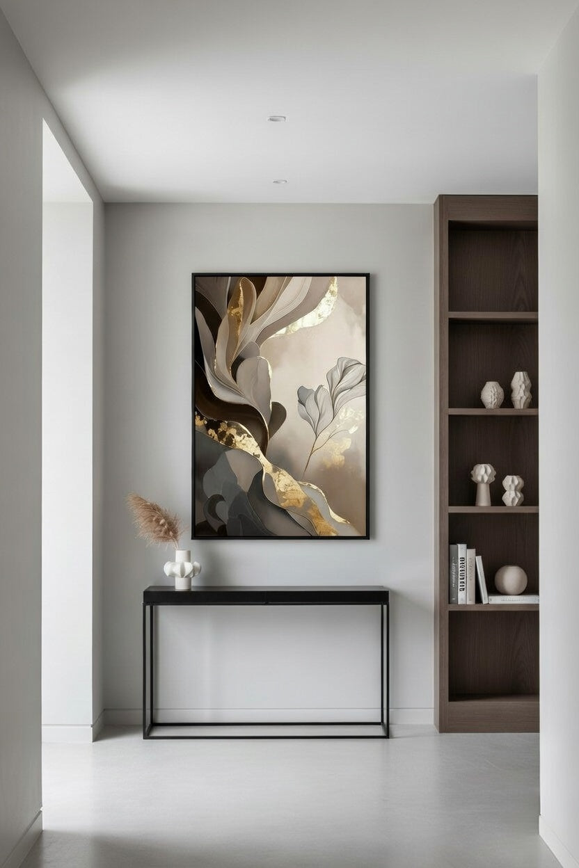 Altın Varak Detaylı Soyut Akışkan Desenli Duvar Sanatı | Modern Çerçeveli Tablo