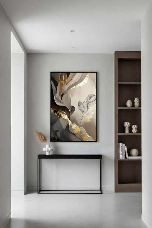 Altın Varak Detaylı Soyut Akışkan Desenli Duvar Sanatı | Modern Çerçeveli Tablo