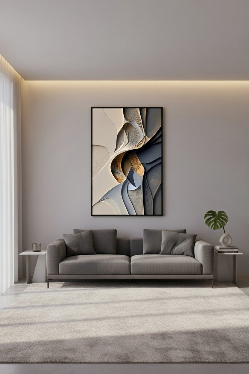 Minimalist Akışkan Hatlar Antrasit ve Bej | Modern Çerçeveli Tablo