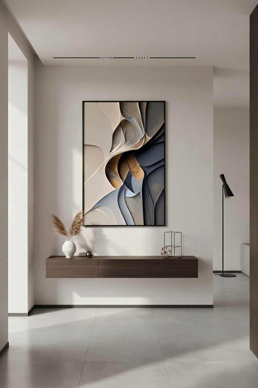 Minimalist Akışkan Hatlar Antrasit ve Bej | Modern Çerçeveli Tablo