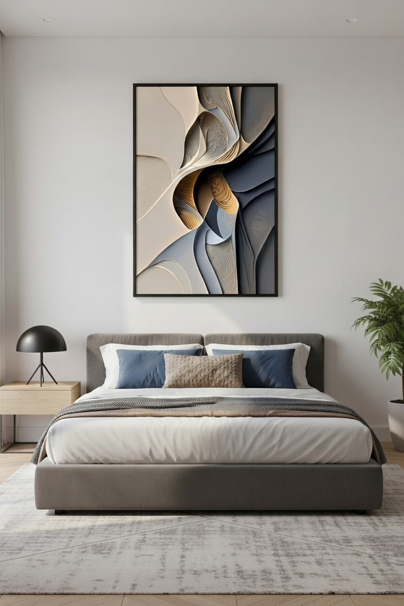 Minimalist Akışkan Hatlar Antrasit ve Bej | Modern Çerçeveli Tablo