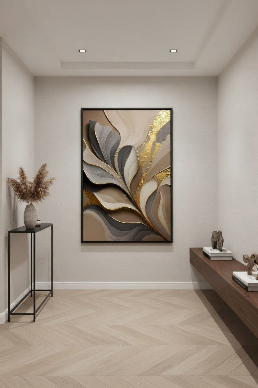 Modern Akışkan Çizgili Kahve Tonları ve Gold Tasarım | Modern Çerçeveli Tablo
