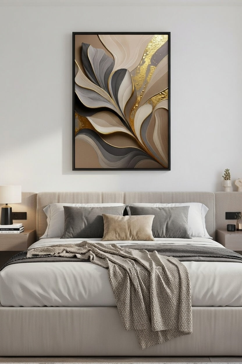Modern Akışkan Çizgili Kahve Tonları ve Gold Tasarım | Modern Çerçeveli Tablo